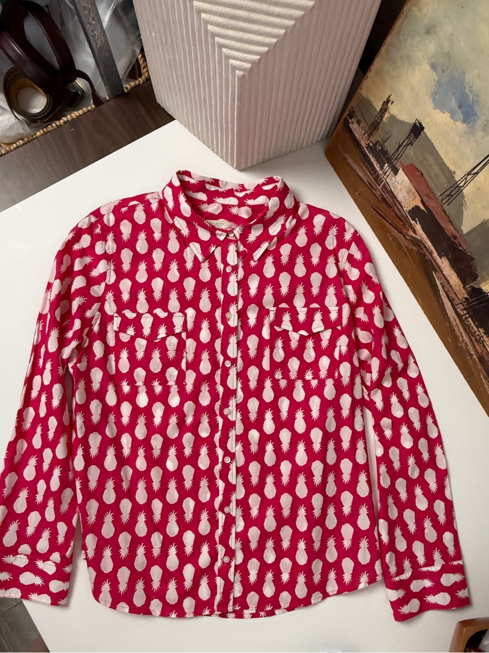 Talbots Petites Pink White Pineapple Button Down Shirt XLP Long Sleeve Flap Pock